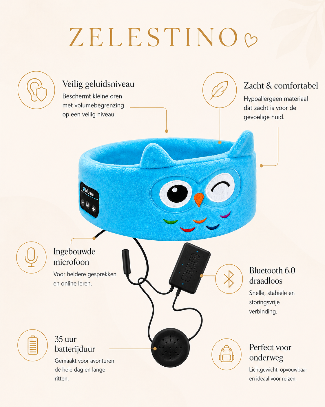 Draadloze kinder Bluetooth hoofdtelefoon/slaapmasker